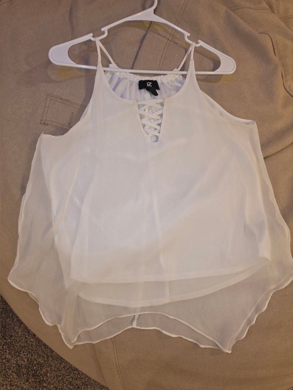 L, White Lace-Front Chiffon Tank Top